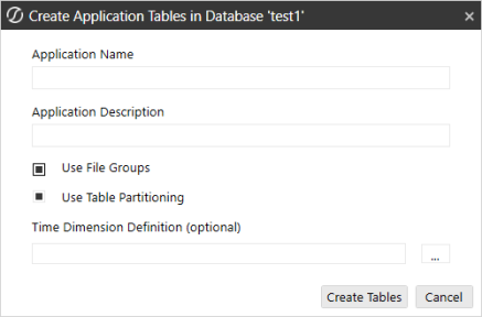 Create Application Tables in Database dialog box